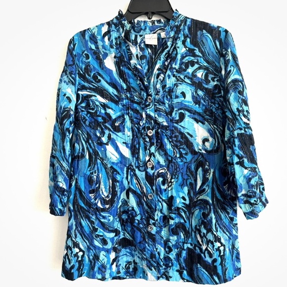 Emma James Top Blue‎ Swirl Print Top Pleated Ruffle Blouse Button Down Blouse - Picture 3 of 10